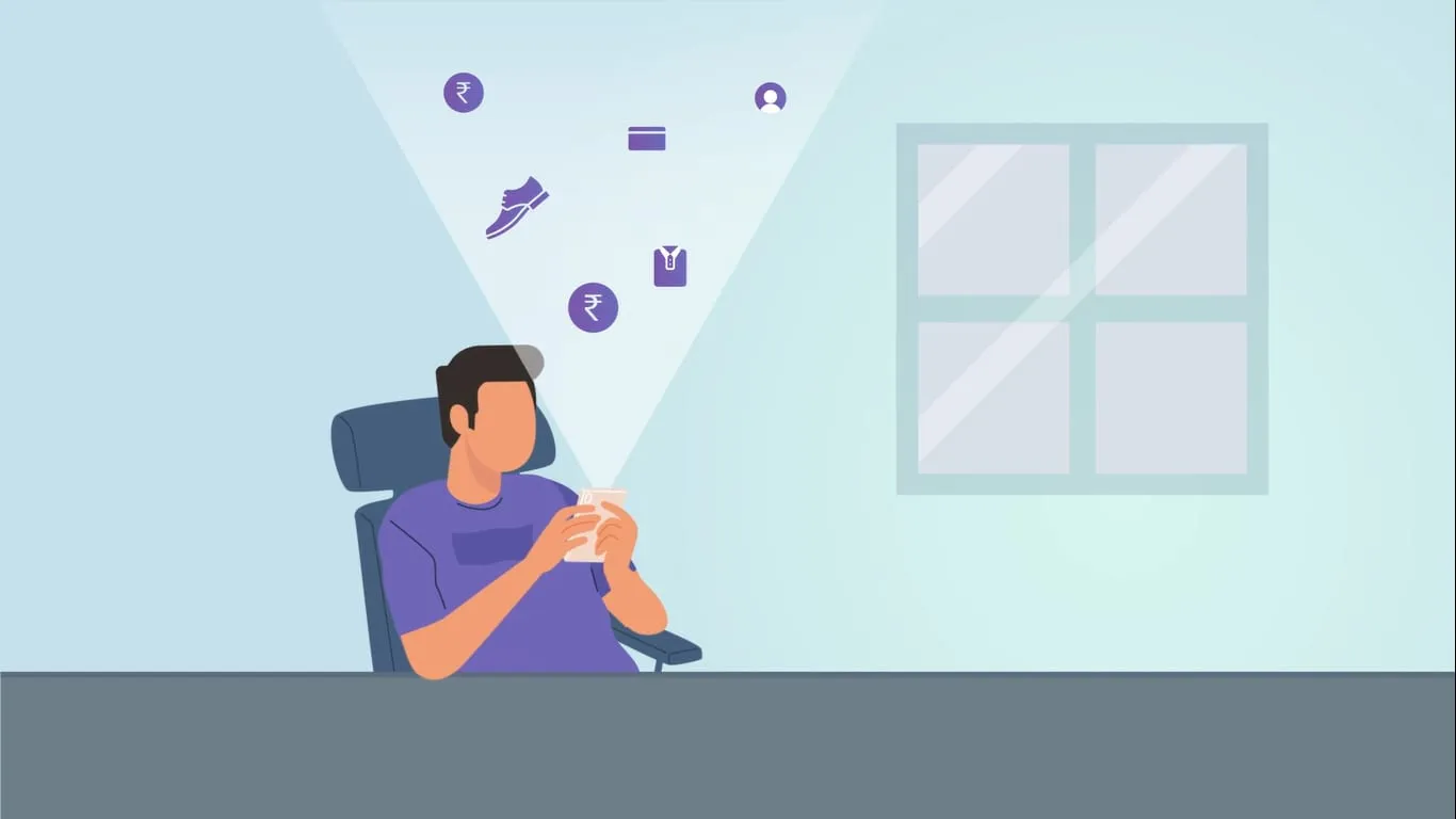 Illustrated shopper at a desk, purchases floating up from the phone.