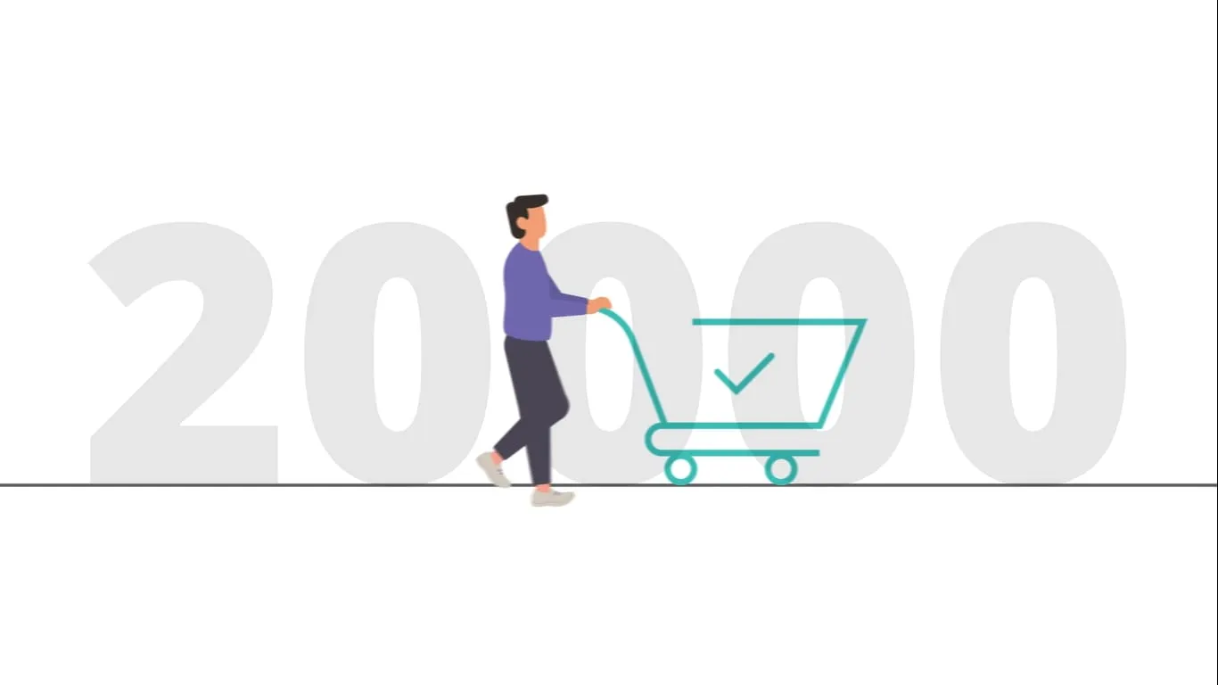 Illustrated shopper pushing a cart across a giant number.